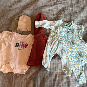Nike White Onesie and Floral Pajama Set Bundle